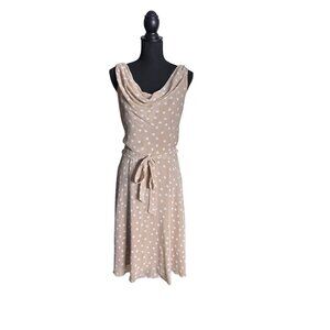 R&K Originals Women's Beige with White Polka Dots Chiffon Belted Dress Size 14